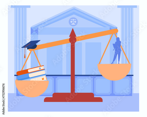 Scales with lawyer silhouette on one weighing pan and legal books on another. Symbol of reducing number of lawyers. Vector illutration. Education, trial without lawyer concept