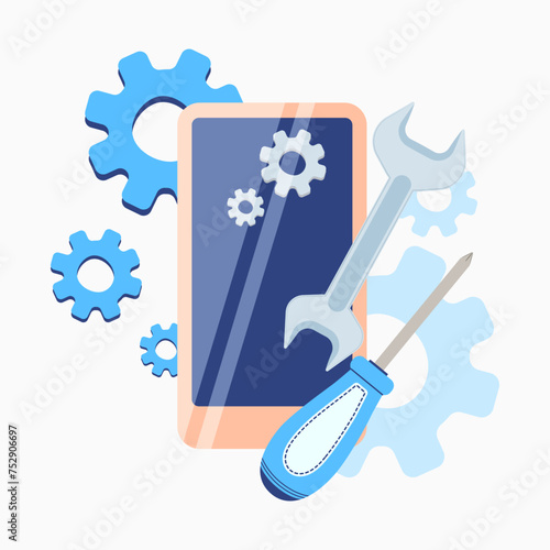 Smartphone and instruments to repair mobile device. Vector illustration. Screwdriver and wrench. Repair of modern devices instead of replacing them, service concept