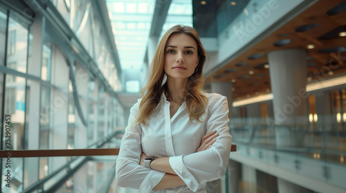 Successful young businesswoman with arms crossed standing in a modern business building - pretty smiling confident woman with long hair