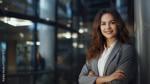 Successful young businesswoman with arms crossed standing in a modern business building - pretty smiling confident woman with long hair