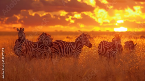 Zebras in African Savanna Sunset