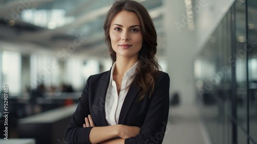 Successful young businesswoman with arms crossed standing in a modern business building - pretty smiling confident woman with long hair © DigitalDreamscape