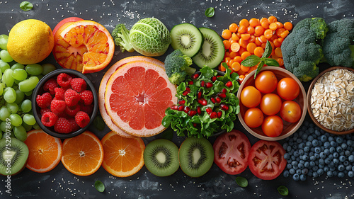 Colorful assortment of fresh fruits and vegetables arranged in a gradient on a dark background. © visual artstock