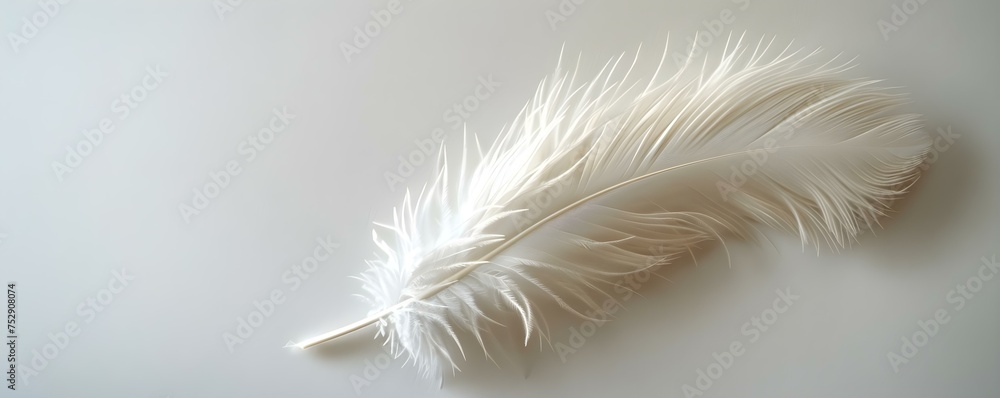 A solitary white feather delicately adorns a pure white backdrop. Concept Minimalist Photography, White Aesthetics, Symbolic Imagery