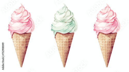 Three pale color icecream in a wafe cone on white