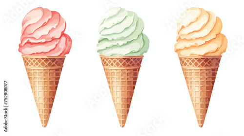 Three pale color icecream in a wafe cone on white
