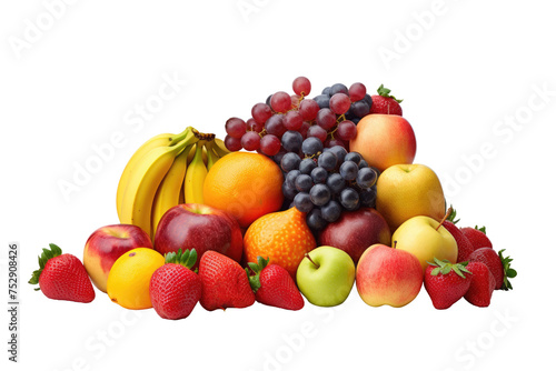 Pile of various types of fresh organic fruits   red strawberry  green apple  mangosteen  kiwi  orange  acerola cherry and grapes fruit   isolated on white background.