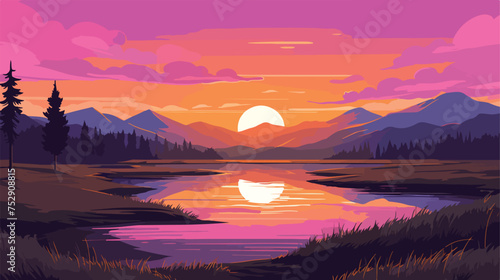 Twilight dusk meadow purple orange sky trees water 