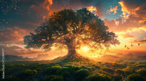 Giant tree with expansive branches backlit by a breathtaking sunset in a serene landscape.