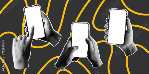 Retro halftone collage, fashion banner. Set of hands with a phone on a dark background, yellow doodle lines. Scrolling, social media, trendy retro vector image.