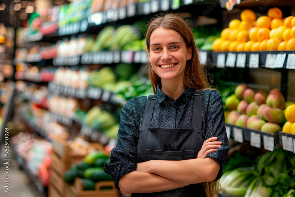 Portrait of smiling female staff standing with arms crossed in organic section of super market 
