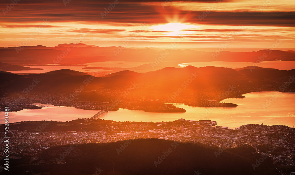 The view of the Derwent River, Tasman Bridge and the city Hobart from the Mount Wellington lookout in the sunrise