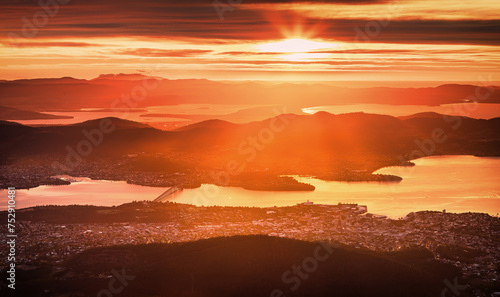 The view of the Derwent River, Tasman Bridge and the city Hobart from the Mount Wellington lookout in the sunrise