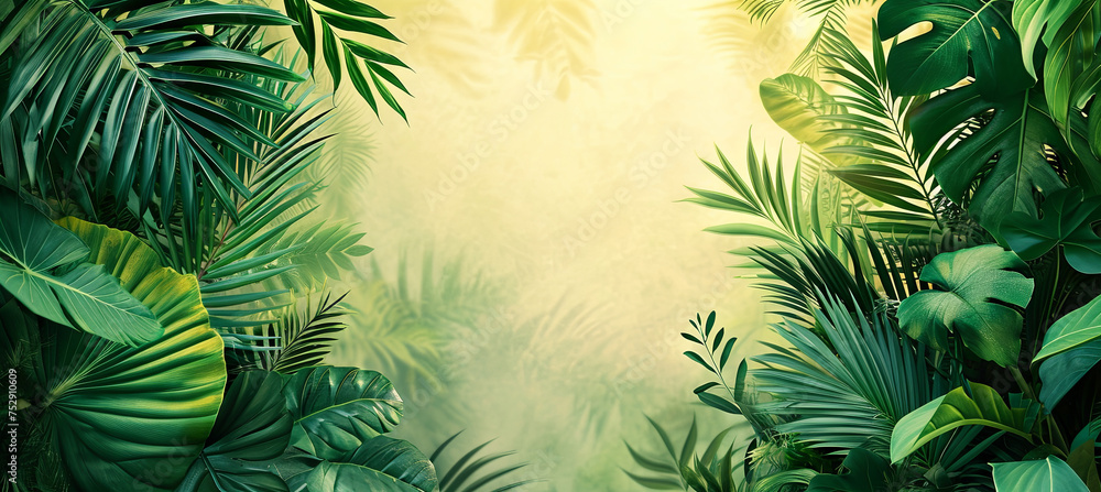 banner of frame of tropical leaves background, copy space for text 