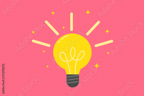Bright poster, banner, flat glowing light bulb on textured pink background. Answer, idea, problem solving or business solution concept.