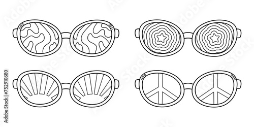 Cute coloring page, vintage sunglasses in 70s style. Black and white contour retro doodle elements on a white background, simple illustration for children. Print with streaks, sun, star and peace sign