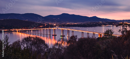 The view of the Tasman Bridge in the twilight in Hobart