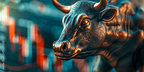 Charging bull statue against stock market background