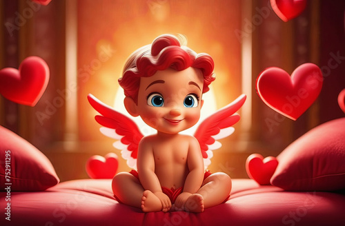 cartoon style adorable cupid boy with lots of hearts, valentines greeting card. High quality illustration photo