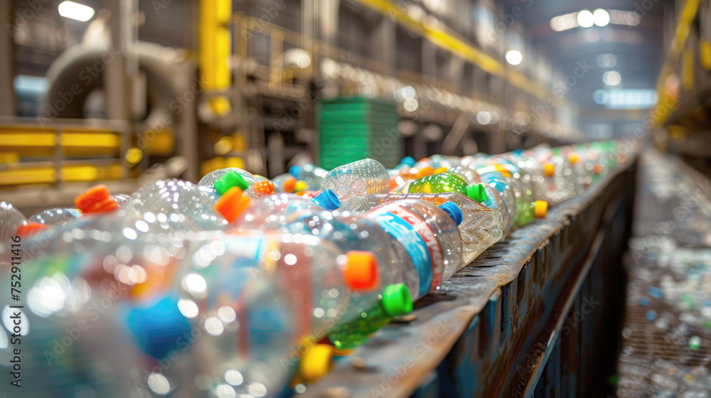 Plastic waste recycling plant, plastic reuse. Rows of plastic bottles line up on a conveyor belt for recycling.