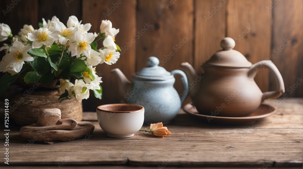 Rustic tea set with a clay teapot and cup beside freshly bloomed jasmine flowers on an aged wooden table