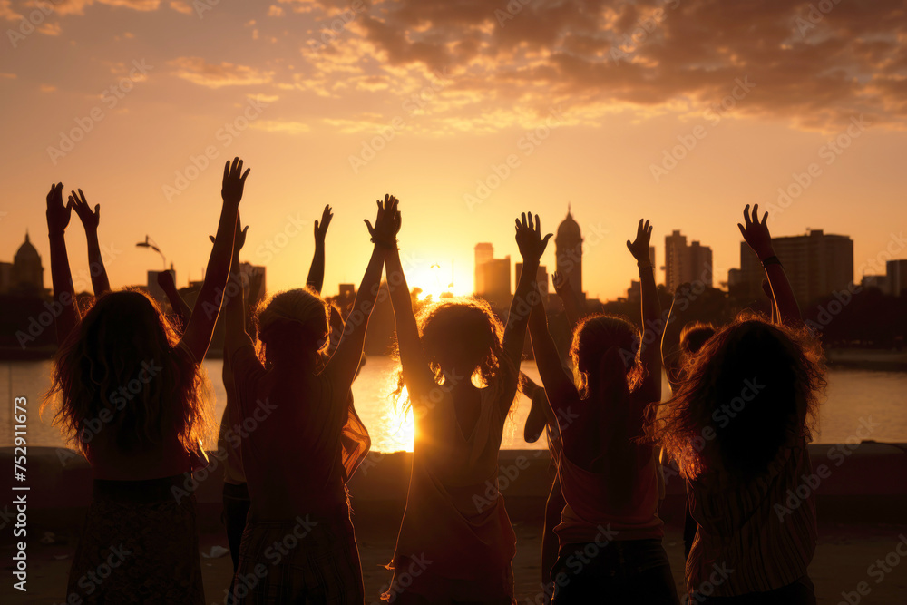 Silhouettes of women with raised hands at sunset, festive mass event, joy. Silhouettes of women with raised hands at sunset, festive mass event, joy.