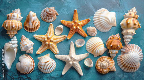 Seashells and starfish on a blue background. Summer sea background.