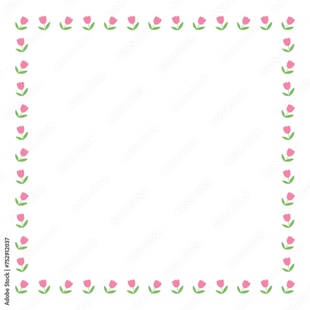 Frame of pink tulips on white background. Border, decoration for banners, postcards. The concept of spring, Mother's Day