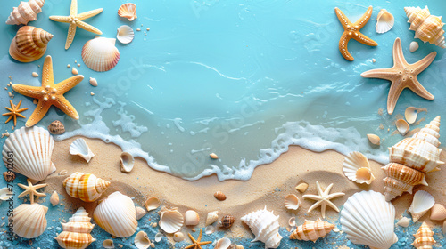 Seashells and starfish on a blue background. Summer sea background, greeting card. Copy space.