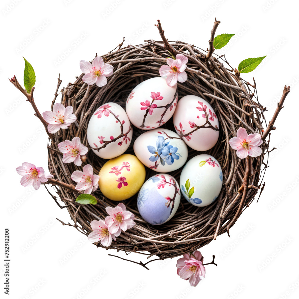 Painted Easter eggs in a nest with flowers, isolated