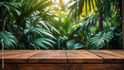 Warm wooden planks form a table against a lush  tropical greenery backdrop  crafting a natural and inviting workspace or display