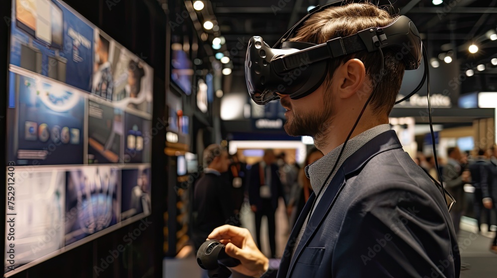 the virtual reality trade show journey of an entrepreneur, as they interact with digital booths and connect with industry leaders on a realistic online platform. the virtual reality trade show journey of an entrepreneur, as they interact with digital booths and connect with industry leaders on a realistic online platform.