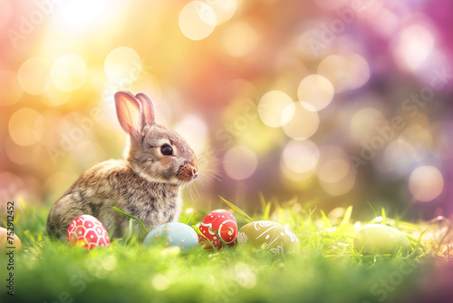 little bunny in a basket with colorful eggs for easter on a green meadow on background, easter card, generative AI