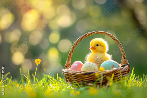 little chick in a basket with colorful eggs for easter on a green meadow on background, easter card, generative AI photo