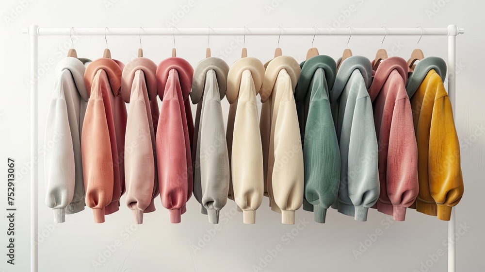 a variety of youth cashmere sweaters, hoodies, and sweatshirts arranged neatly on a clothes rack, suitable for mock-up advertising merch. a variety of youth cashmere sweaters, hoodies, and sweatshirts arranged neatly on a clothes rack, suitable for mock-up advertising merch.