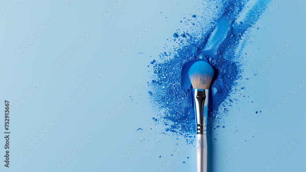 makeup brush on a background of blue trendy powder with glitter isolated on a pastel background makeup brush on a background of blue trendy powder with glitter isolated on a pastel background