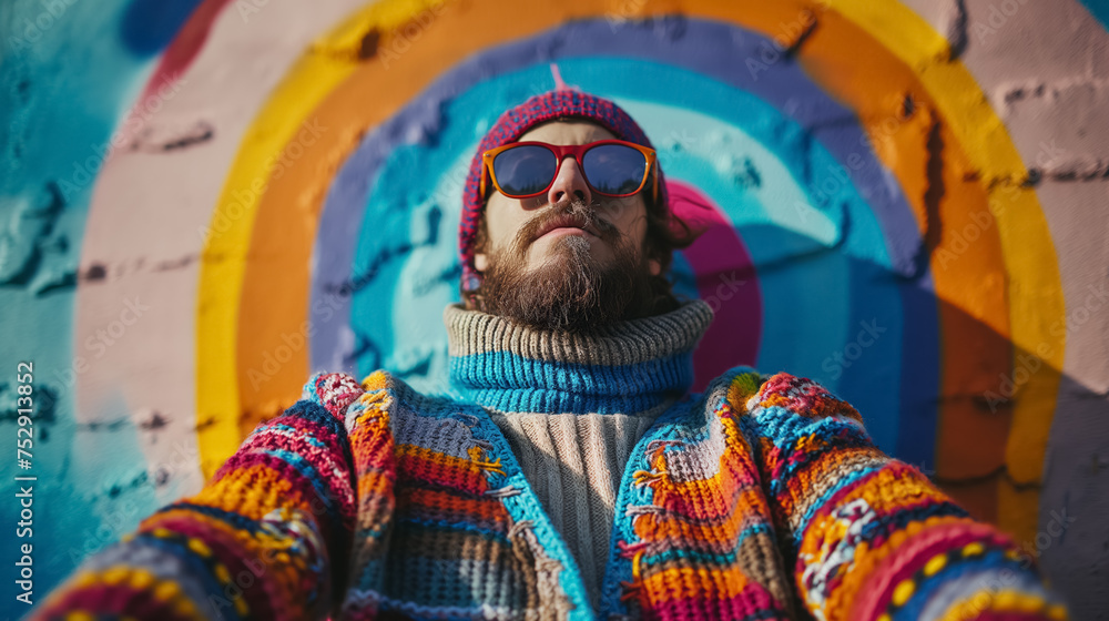 Man with beanie against a colorful wall.