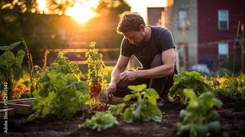 A Male farmer Harvests vegetables, Weeds Beds in a City garden on a sunny day. Communal Agriculture, Organic Products, Business concepts.