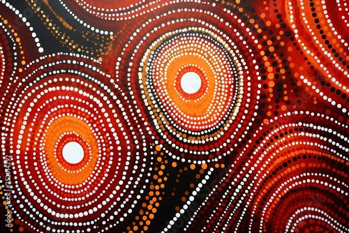 An intricate Aboriginal dot painting depicting Dreamtime stories with vivid colors and patterns. photo