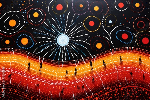 An intricate Aboriginal dot painting depicting Dreamtime stories with vivid colors and patterns. photo