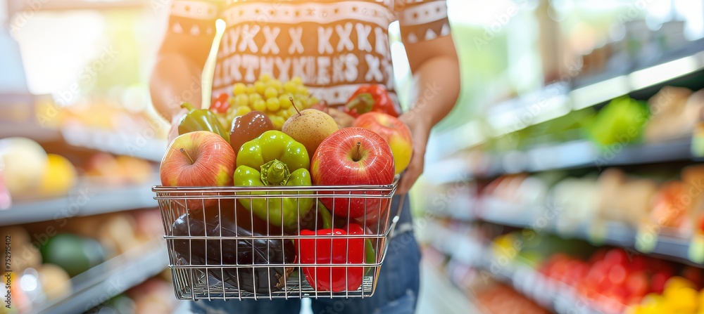 Woman shopping in supermarket with ample copy space for text placement, retail concept