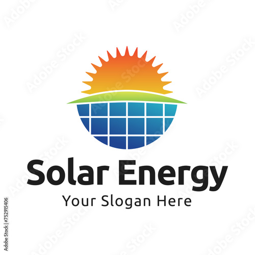 Solar energy logo design. Sun and solar panel abstract symbol. Sun power logo

