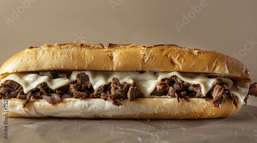 a long beef cheesesteak sandwich topped with white cheese.