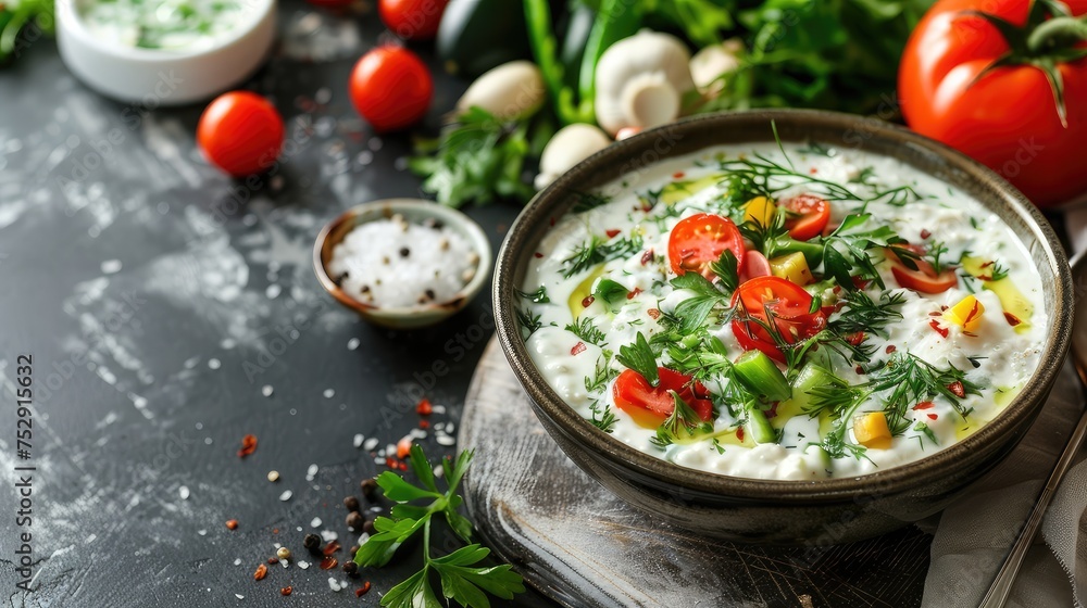 summer cold soup with yogurt and vegetables, showcasing the traditional Russian cold soup, okroshka.
