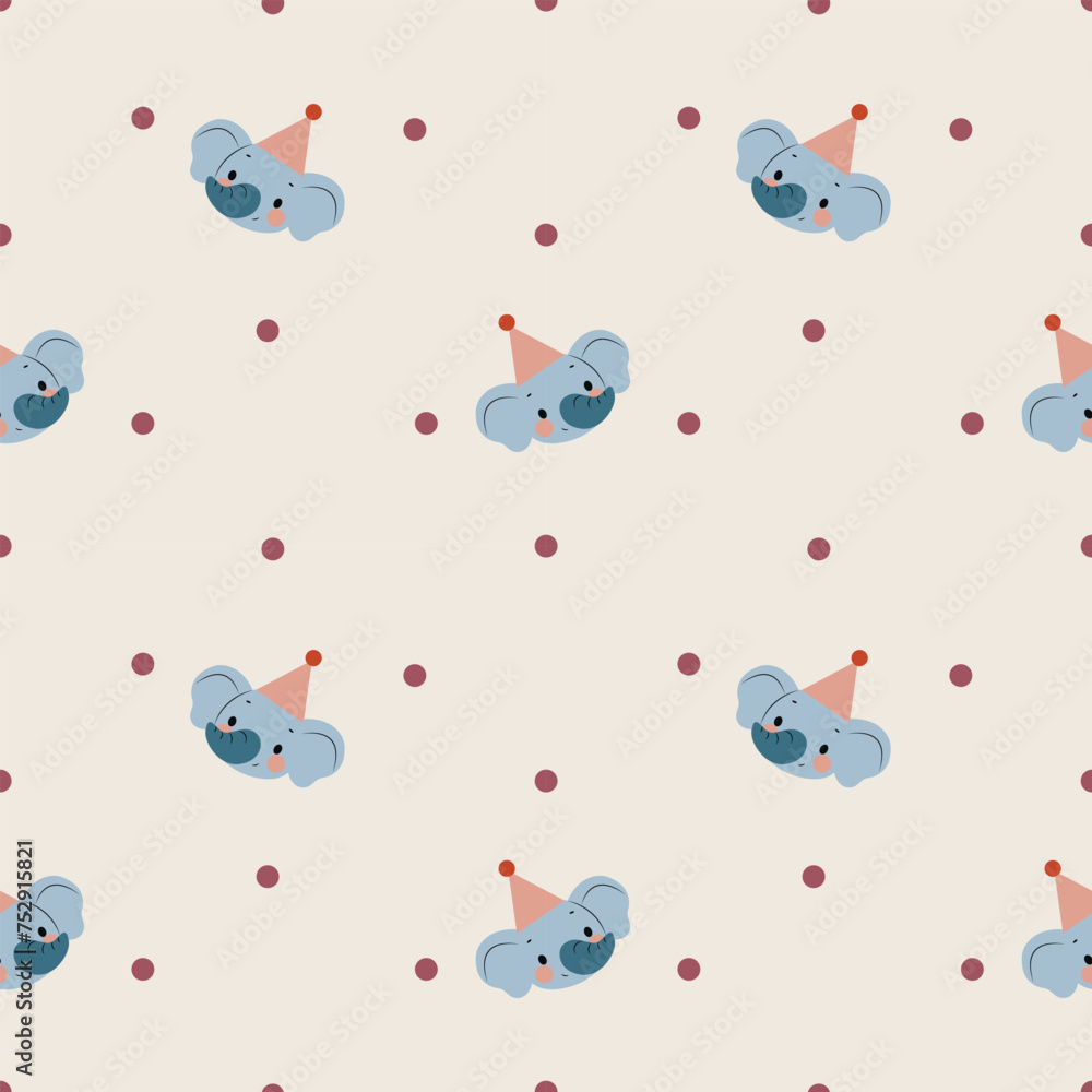 Childish pattern with a cute elephant head in a cap and small dots. Childish pattern with a cute elephant head in a cap and small dots.