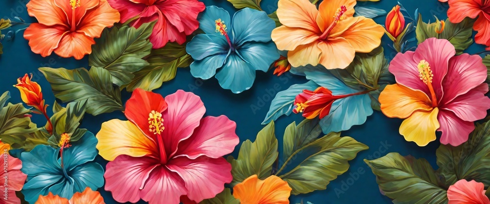 Capture the beauty of nature with a colorful hibiscus pattern in a whimsical and playful drawing style, featuring the exotic flowers in bold and striking designs that will add a pop of color