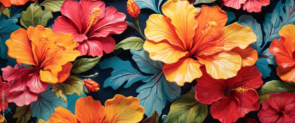 Capture the beauty of nature with a colorful hibiscus pattern in a whimsical and playful drawing style, featuring the exotic flowers in bold and striking designs that will add a pop of color Capture the beauty of nature with a colorful hibiscus pattern in a whimsical and playful drawing style, featuring the exotic flowers in bold and striking designs that will add a pop of color