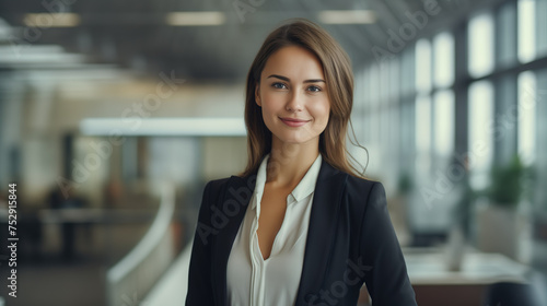 Successful young businesswoman standing in a modern business building - pretty smiling confident woman with long hair