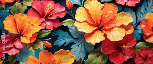 Wallpaper Mural Capture the beauty of nature with a colorful hibiscus pattern in a whimsical and playful drawing style, featuring the exotic flowers in bold and striking designs that will add a pop of color Torontodigital.ca