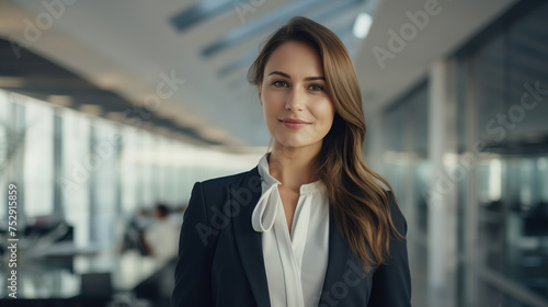 Successful young businesswoman standing in a modern business building - pretty smiling confident woman with long hair